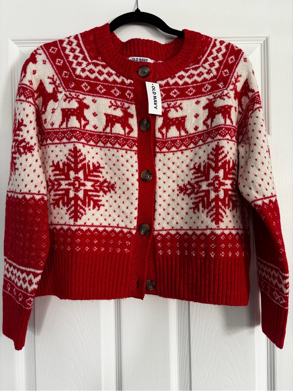 Old Navy Red and White Nordic Button-Front Cardigan